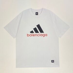 Balenciaga White Short-Sleeve Tee with Black Logo and Red Script